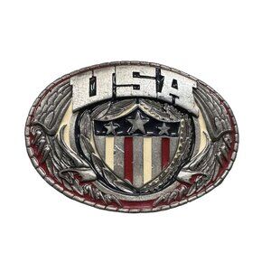 Belt Buckle USA Flag Shield Stars & Stripes Indiana Metal Craft 1982 USA Brass